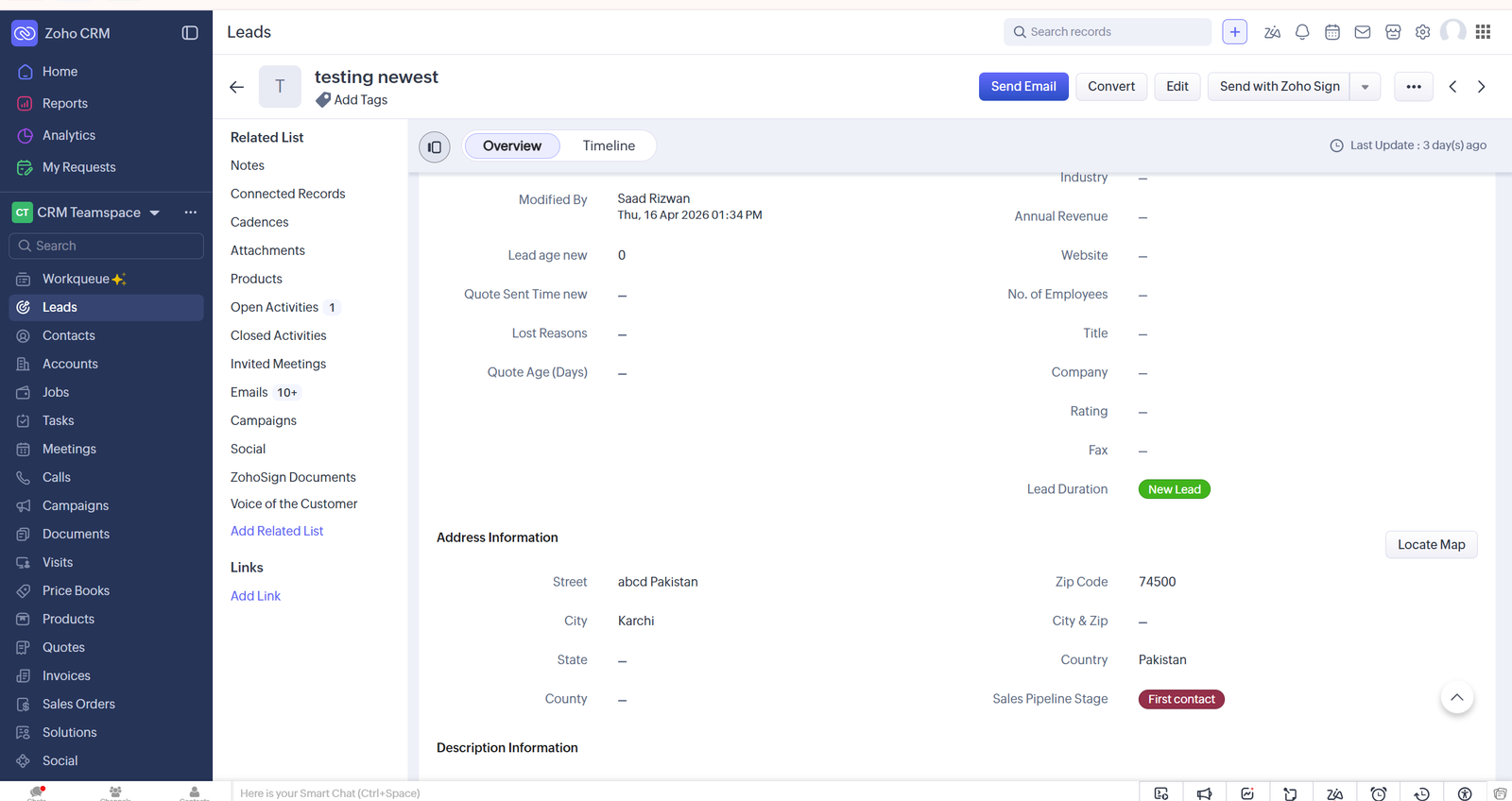 Zoho CRM customer record